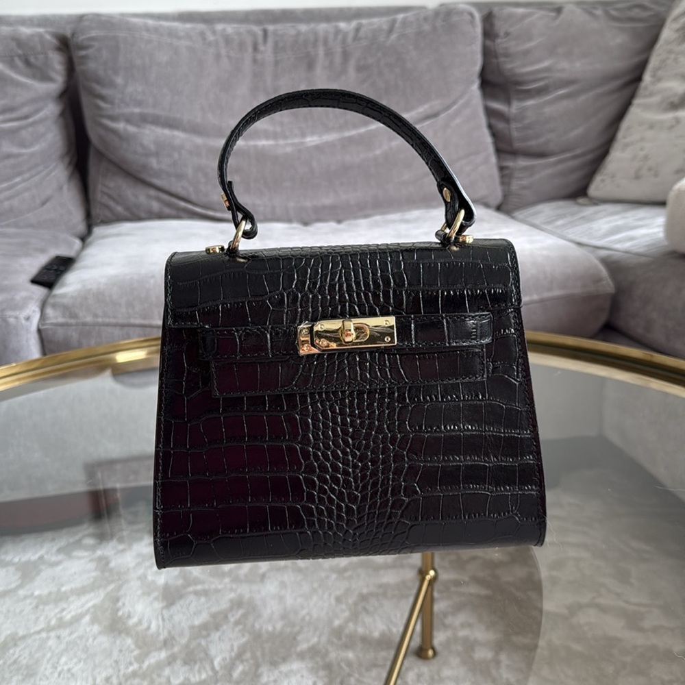 Black Croc-Embossed Mini Top Handle Bag